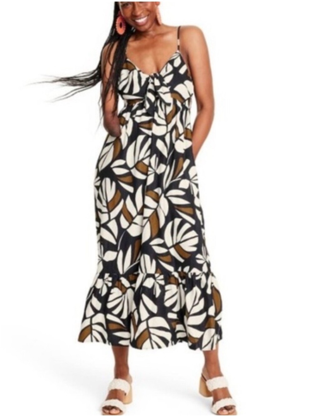 Tabitha Brown Target Spaghetti Strap Leaf Print Midi Dress Black Cream Brown M